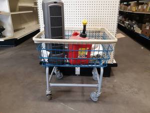 lot 389 image: Rolling Laundry Cart w Tower Fans and Gas Can