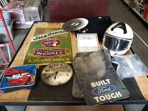 lot 539 image: Jack Daniels Rug, Helmet, Sears Saw Blade Clock and More