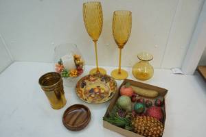 Candle holders, plastic fruit, vases