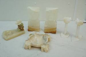Stone bookends, bowl, ashtray