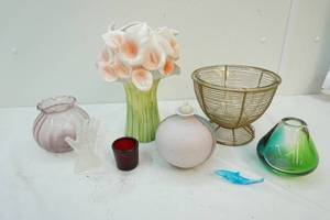 Glass vases, candle holders, basket