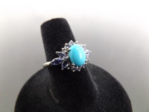 lot 29 image: .925 Sterling Silver Sleeping Beauty Turquoise Cabochon and Amethyst Ring Size 6.5