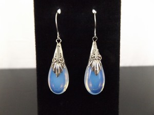 lot 68 image: .925 Sterling Silver Moon Stone Milk Glass Dangle Hook Earrings