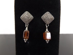 lot 82 image: .925 Sterling Silver Amber Block Shield Dangle Post Earrings