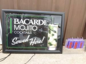 Bacardi Mojito lighted sign. 30 x 21. Tested & works. As shown.