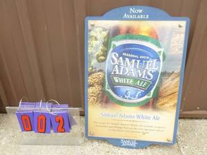 Sam Adams White Ale sign. 23 x 15. From 2005. Wood with plexiglass front. As shown.