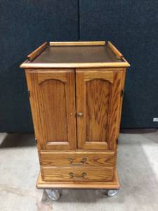 lot 28 image: Wood Medical Cabinet With Power Supply On Wheels - Nice Condition - Missing 1 Knob