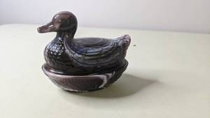 lot 141 image: Purple Imperial Slag Glass Duck Candy Dish with Lid