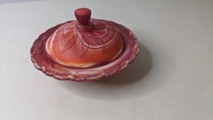lot 173 image: Red Imperial Slag Glass Candy Dish with Lid