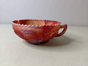 lot 174 image: Red Imperial Slag Glass Shallow Bowl with Handle