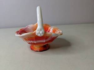 lot 175 image: Red Imperial Slag Glass Basket with White Handle - Small
