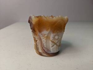 lot 166 image: Caramel Imperial Slag Glass Small VaseEgg Cup