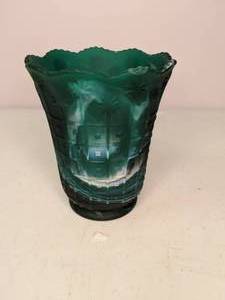 lot 145 image: Green Imperial Slag Glass Vase with Original Sticker