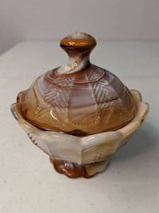 lot 155 image: Caramel Imperial Slag End O Day Glass Dish with Lid