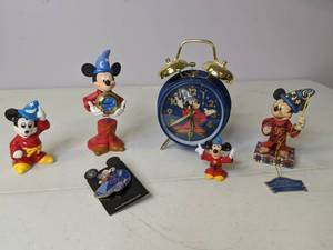 lot 88 image: Awesome Mickey Mouse Sorcerer Apprentice Lot Clock, Figurines, & Pin