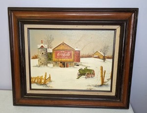 lot 202 image: Vintage Coca-cola Barn Scene Reproduction Painting