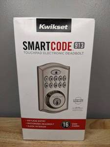 lot 31 image: Brand New Kwikset SmartCode 913 Satin Nickel Single Cylinder Electronic Deadbolt Featuring SmartKey Security