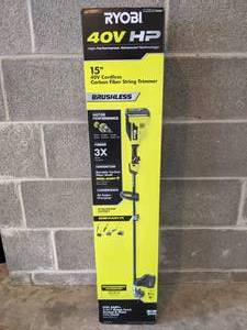lot 23 image: Brand New Ryobi 40V HP Brushless 15 in. Cordless Carbon Fiber Shaft  String Trimmer & 4.0 Ah Battery & Charger