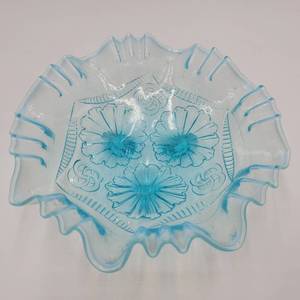 Gorgeous Antique Northwood Blue Opal Three Footed Ruffled Compote Bowl