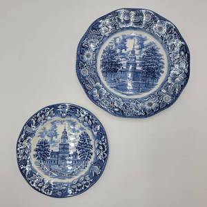 2 Vintage Philadelphia Independence Hall Commemorative Blue Ink Plates