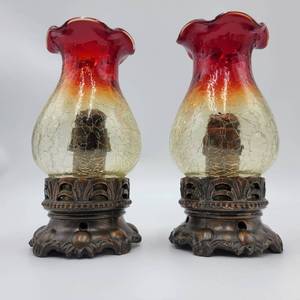 2 Vintage Spring Loaded Brass Candle Stick Holders with Amberina Crackle Glass Lamp Shades