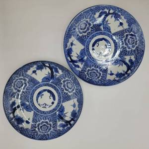 Two Rare Antique Hand Painted Japanese Blue Ware Plates