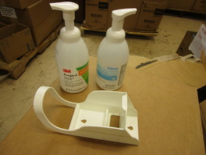 lot 452 image: 3M WALL-MOUNT HAND SANITIZER HOLDERS - BULK SUPPLY,  W 3M HAND ANTI-SEPTIC, ECO-LAB HAND SANITZER
