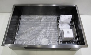lot 510 image: AKDY Matte Black Finished Stainless Steel 33 in. x 22 in. Single Bowl Undermount Kitchen Sink with Accessories KS0524