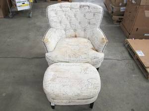lot 583 image: Living Room Chair With Ottoman - White Vintage Text Patterning