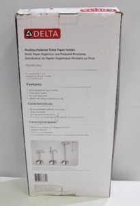 lot 616 image: Delta Greenwich Telescoping Pivoting Free-Standing Toilet Paper Holder in SpotShield Brushed Nickel