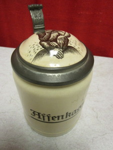 lot 445 image: METTLACH AFFENKASTEN SMOKING MONKEY LID 12 LITER BIER STEIN