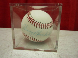 lot 449 image: JOHNNY BLANCHARD AUTOGRAPHED MINOR LEAGUE RAWLINGS BASEBALL WDISPLAY CUBE