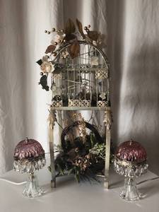 Pair of Pink Lamps & Birdhouse Arrangement