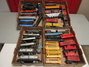 LIONEL O GAUGE TRAIN CARS, CABOOSES, TANKS, BOXCARS - COMPLETE AND PARTIAL