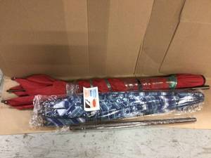 MIX LOT 9 ft. Market Outdoor Patio Umbrella with Push Button Tilt and Crank in Blue Stripe &amp Red Customer Returns See Pictures