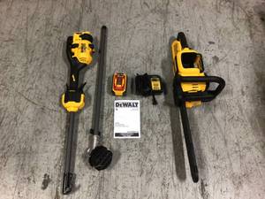 Lot of 2  Dewalt Outdoor Tools includes a 16 in. 60V MAX Lithium-Ion Cordless FLEXVOLT Brushless Chainsaw , weed eater and 1 charger and battery Customer Returns See Pictures