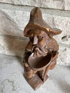 lot 84 image: Wood Carving of Man With Bowl and Walking Stick