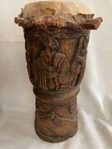 lot 87 image: Ornate Hand Carved Bongo Drums