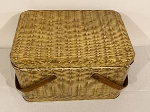 Vintage Metal Wicker Look Picnic Basket With Wooden Handles