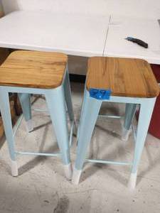 lot 79 image: Finwick Seafoam Blue Metal Backless Bar Stool with Wood Seats (Set of 2) (16.93 in. W x 29.53 in. H)
