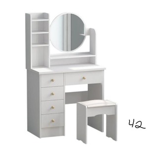 lot 42 image: 5-Drawers White Makeup Vanity Table Set with Stool Dressing Desk Vanity Wood with Round Mirror Storage Shelves