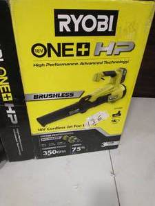 lot 136 image: RYOBI ONE HP 18V Brushless 110 MPH 350 CFM Cordless Variable-Speed Jet Fan Leaf Blower w 4.0 Ah Battery and Charger