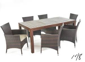 lot 148 image: NOBLE HOUSE Multi-Brown 7-Piece Iron Rectangular Outdoor Dining Set with Beige Cushion