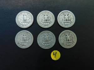 Six 1942 90% Silver Washington Quarters