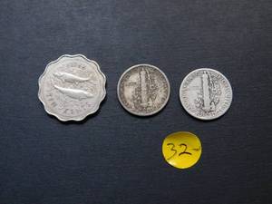 1923 and 1945 Mercury Dimes 1966 Copper-Nickel Bahamas 10 Cent Coin