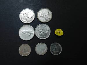 Three Silver Canadian Coins 1959 dime 1965 and 1967 Quarters and Two Clad Quarters1972 and 1975 and Two Clad Dimes 1973 and 1975