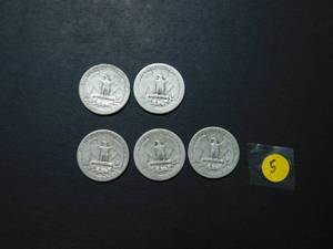 Five 90% Silver Washington Quarters 1943, 1943, 1944, 1944, and 1944