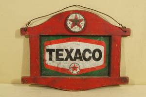 lot 53 image: Antique Tin Texaco Sign in Homemade Wood Frame