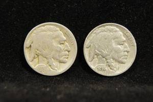 lot 22 image: 2 Buffalo Nickel Coins - 1924, 1934