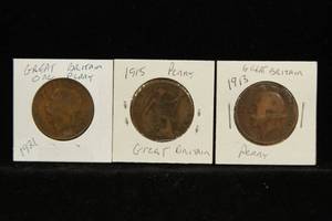 lot 32 image: 3 Great Britain Penny Coins - 1913, 1915, 1921